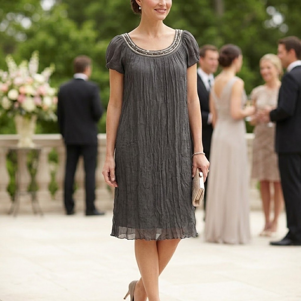 Linea Domani Silk Beaded Shift Dress Womens 8 Gray Luxury Natural Event Formal